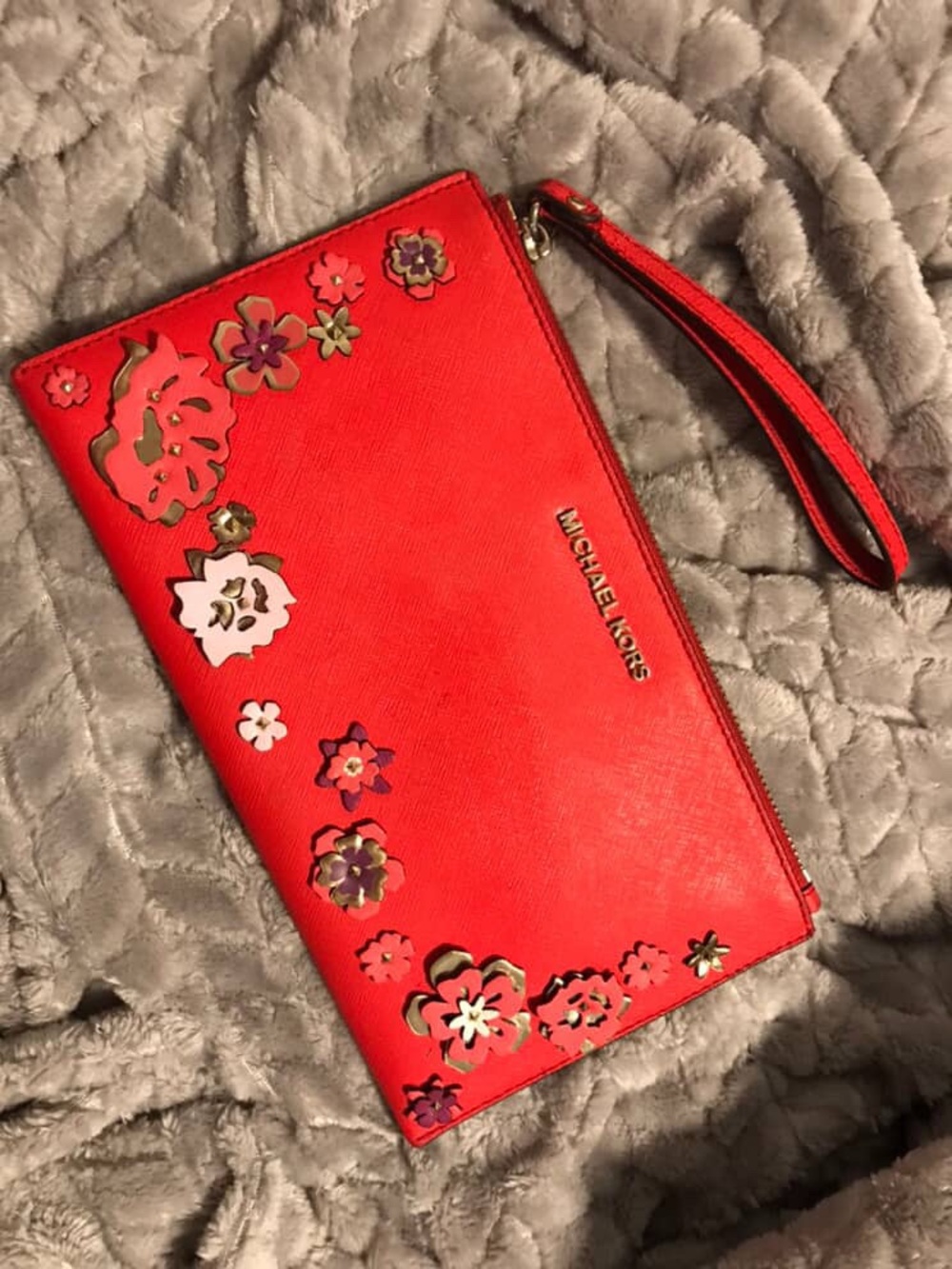 Michael Kors Red Saffiano Leather 3D Floral Wristlet Clutch